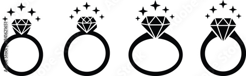 A vector collection of sparkling diamond engagement and wedding rings, featuring different cuts and stone settings, perfect for jewelry, marriage, proposal, and luxury themes.