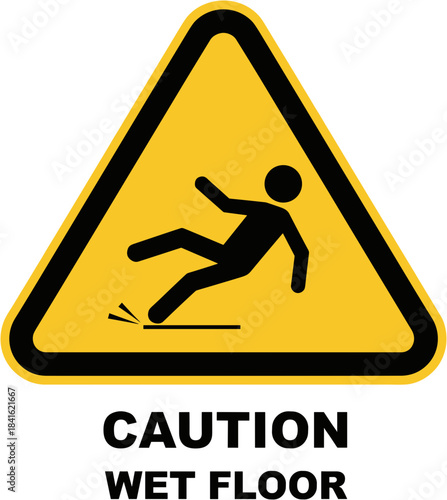 Caution wet floor warning sign in a triangular shape on a yellow background