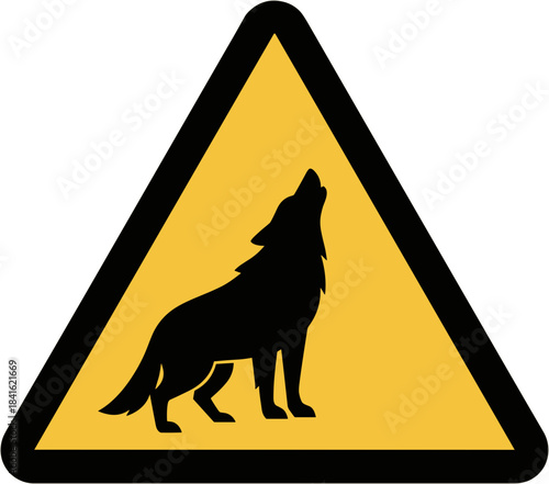Warning sign of a howling wolf in a triangular shape on a yellow background