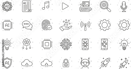 Detailed vector set representing core AI functions including data processing, voice recognition, music generation, neural networks, and technological innovation symbols.