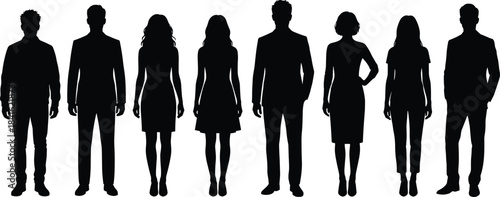 Silhouette group of diverse men and women standing in line representing teamwork, unity, modern workforce and professional diversity concept