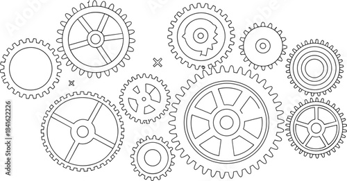 Interlocking gears mechanism line art illustration, complex cogwheels, engineering, industrial process vector outline