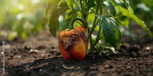 Close-up of pepper plants affected by vertex rot, highlighting plant health and disease management in garden cultivation