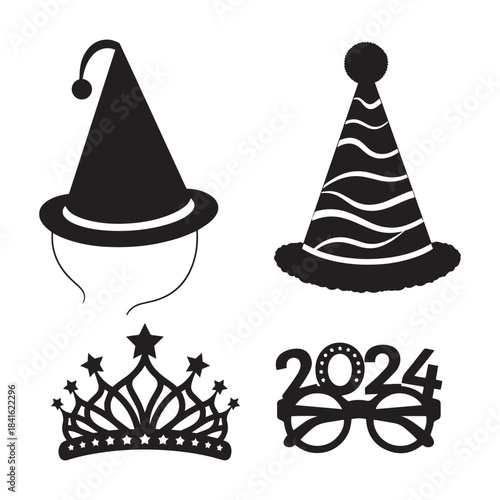 new year party hats and glasses silhouette collection, vector graphic set: festive headwear and eyewear, black and white celebration accessory icons
