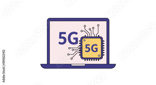 Laptop screen displaying 5G text and a circuit board chip labeled 5G