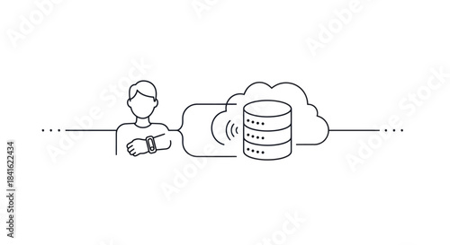 Line art depicting a person with a smartwatch sending data to a cloud database