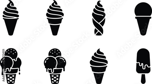 A vector collection of delicious, cold, and sweet ice cream silhouettes, featuring various soft serve, scooped cones, popsicles, and melting desserts perfect for summer themes.