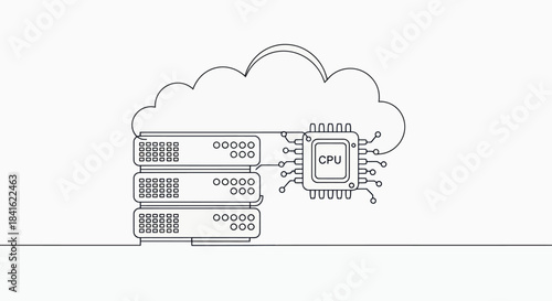Line art depicting cloud computing connecting servers to a central CPU chip