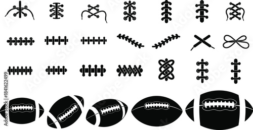 Laces and Stitching Vector Collection, Including Different Shoelace Knot Styles, Football Lacing Patterns, Abstract Cord Design Elements, Black and 