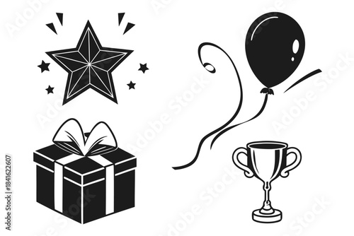 Celebration Elements: A collection of celebratory elements, including a shining star, a floating balloon, a wrapped gift box, and a trophy, representing joy and accomplishment. 