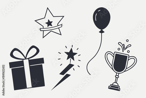 Celebration Doodle Elements: Charming illustrations capture the spirit of festivity, showcasing iconic symbols of achievement and joy with a playful, hand-drawn aesthetic.