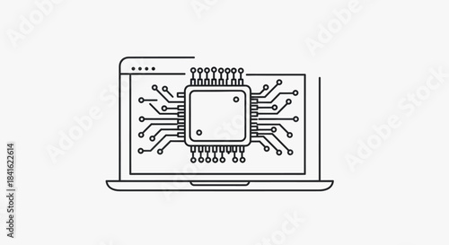 Line art of a microprocessor inside a laptop screen outline