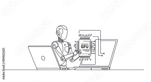 Line art of a robot holding a GFU chip between two open laptops