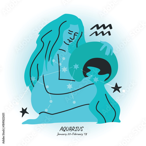 AQUARIUS horoscope character. Celestial element or zodiac sign. Bright modern hand drawn vector