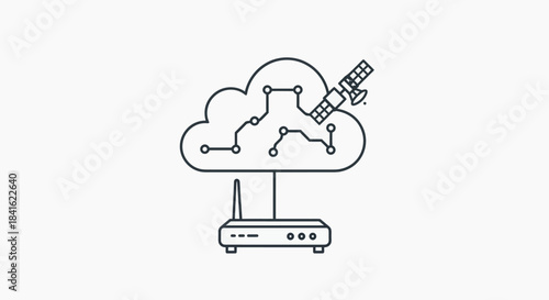 Line art of a router connecting to a circuit cloud with a satellite