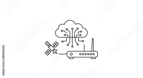 Line art of a satellite connecting to a cloud with circuitry leading to a router