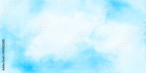 Beautiful abstract watercolor sky blue background with fluffy white clouds, bright natural summer light, and clear atmosphere