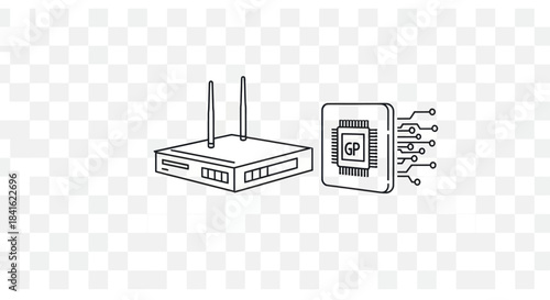 Line art of a wireless router and a microprocessor chip