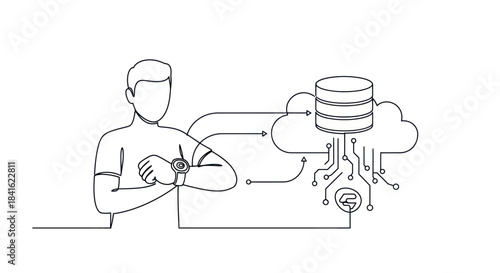 Line art showing a person with a smartwatch connecting data to a cloud database