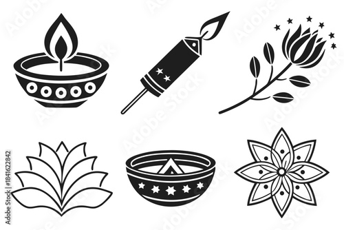 Sacred Symbols: An artistic array of candle-lit symbols including a diya lamp, star, flower and fireworks representing spiritualism and serenity.