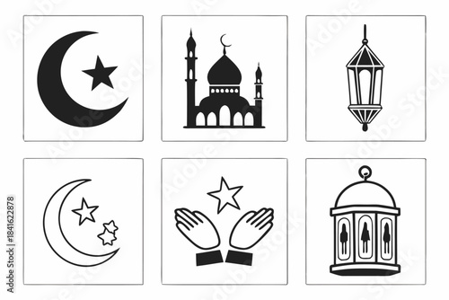 Symbols of Faith: A collection of meticulously crafted icons represents the essence of devotion, showcasing crescent moons, stars, a mosque, and lanterns.