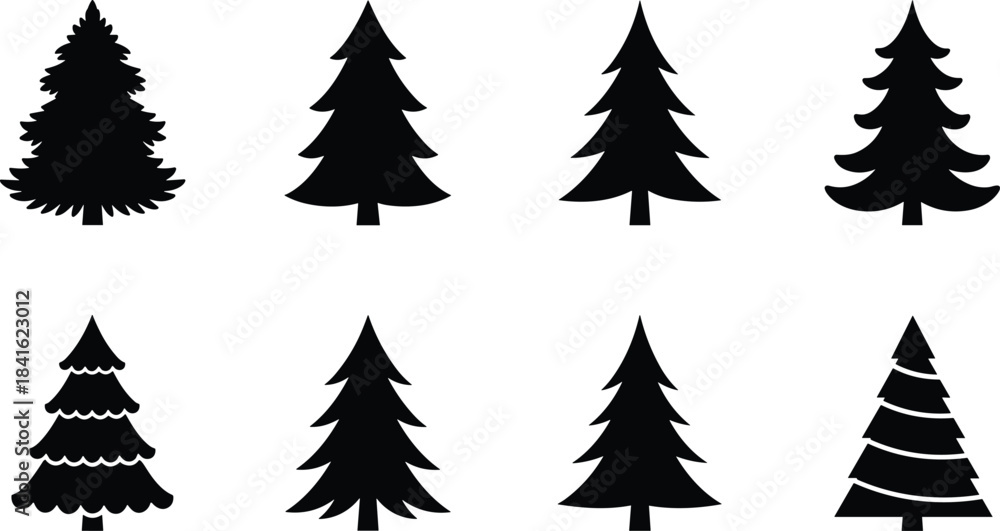 Obraz premium Set of stylized geometric and naturalistic black Christmas tree shapes, ideal for creating festive backgrounds, greeting cards, or decorative elements.