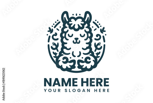 A vector illustration of a llama logo with floral patterns and a customizable name and slogan on a white background.