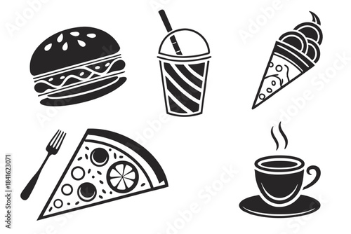 Delightful Food Selection: A curated selection of favorite foods, featuring a burger, a refreshing drink, ice cream cone, a slice of pizza, and a cup of coffee.