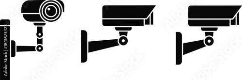 A clean vector collection of modern security, surveillance, and monitoring camera silhouettes, featuring dome and bullet styles for safety, protection