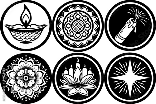Diwali Symbols: A collection of meticulously crafted, circular icons celebrating Diwali, the Festival of Lights. Each emblem radiates with the spirit of the holiday.
