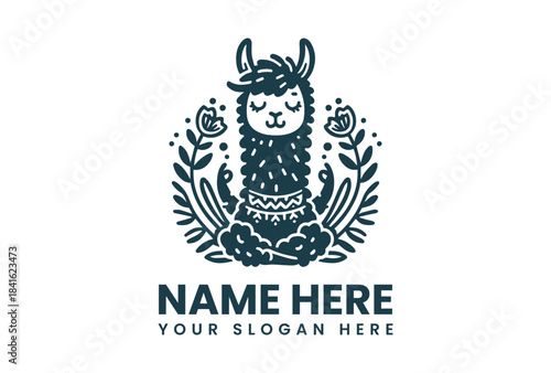 A serene llama illustration with closed eyes surrounded by floral elements and leaves on a white background for a logo or branding template.