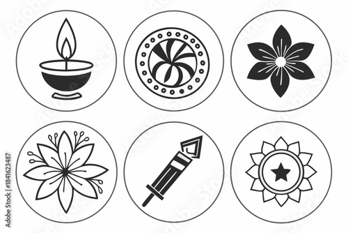 Floral Circle Emblems: Artistic monochrome illustrations of six floral and decorative elements are arranged in circular emblems, forming a visually appealing pattern.