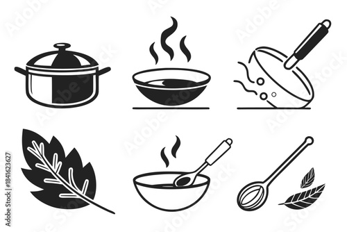 Culinary Essentials: A set of six meticulously designed vector icons captures the essence of cooking, featuring a pot, steaming soup, a ladle, a sprig of herbs, and spoon