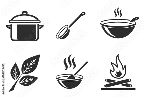 Culinary Essentials in Silhouette: A captivating collection of illustrated icons, encompassing a diverse array of culinary elements, from the simmering pot to the crackling fire.
