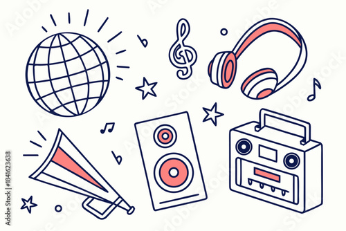 Musical Icons Collection: A vibrant compilation of music-themed elements, including a sparkling disco ball, musical notes, headphones, a megaphone, a speaker, and a retro radio.