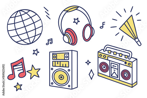 Melody and Sound Elements: A lively and colourful illustration showcases essential elements of sound and music, including a globe, headphones, musical notes, star, a speaker and boombox