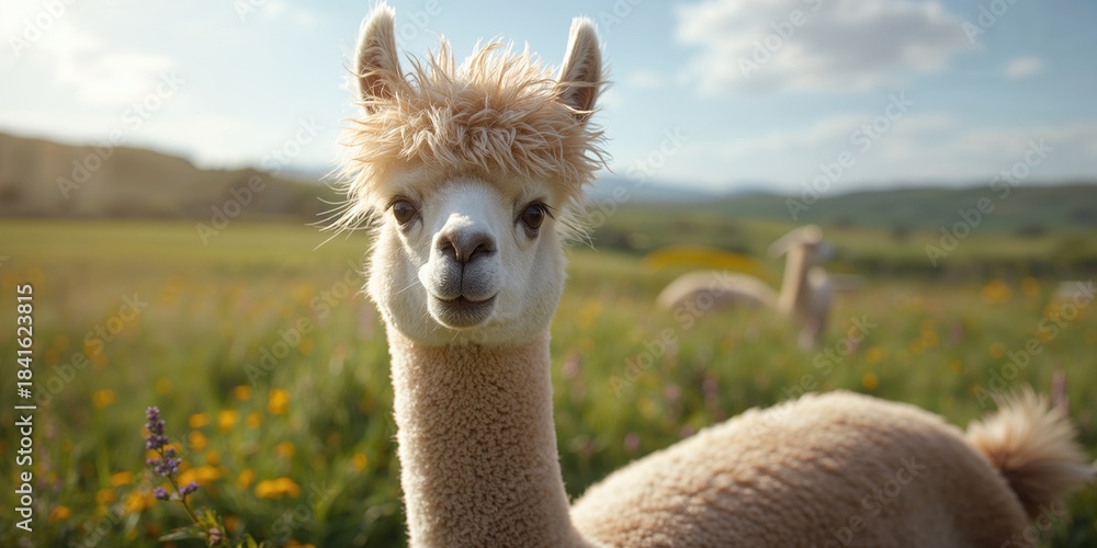 Naklejka premium Alpaca with adorable fleece on its head, highlighting natural fiber for sustainable clothing
