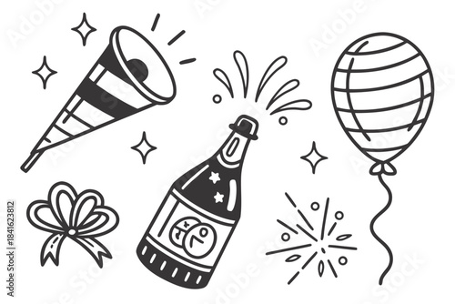 Celebration Accessories and Festive Elements: A captivating hand-drawn illustration featuring festive accessories, creating an atmosphere of jubilant celebrations, new beginnings.