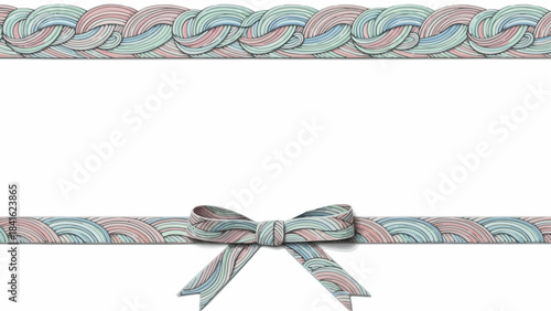 Beautiful pastel colored braided ribbon border with elegant bow on white background for decoration and design