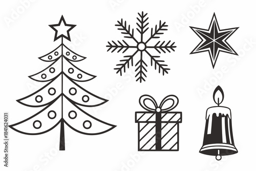 Festive Collection of Christmas Icons: A compilation of essential Christmas symbols presented as stylish, monochrome line drawings, perfect for conveying the spirit of the season.
