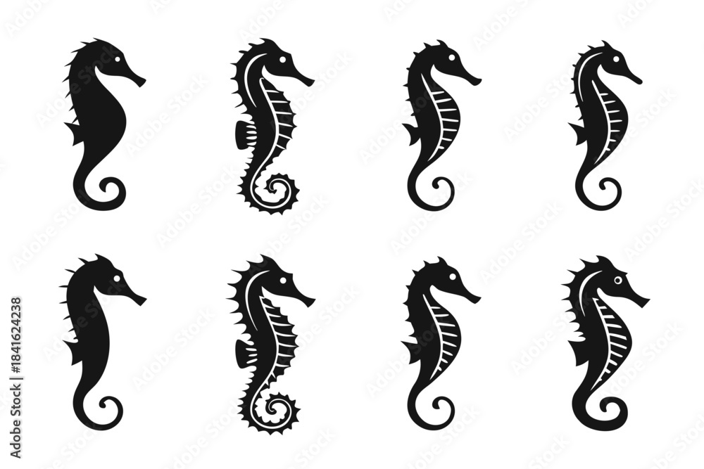 Obraz premium Ocean's Silhouette: Eight seahorses grace a tranquil space, their elegant forms painted in stark, contrasting black and inviting a sense of wonder and mystery.