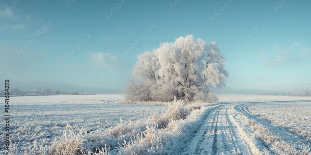 Obraz premium Snowy rural landscape with frosted trees and dirt path, illustrating winter preservation