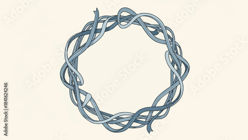 Intricate silver braided metal circle on white background with woven ribbons