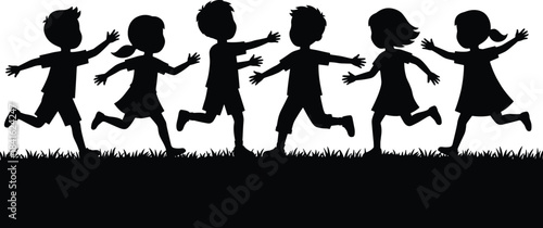 Silhouette of joyful children running and playing together outdoors in nature, expressing friendship, freedom, happiness, teamwork, and active childhood energy