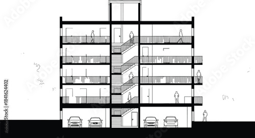 Multistory Residential Building Section Cut, Detailed Vector Illustration of Modern Apartment Architecture, 