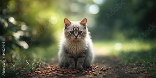 Fototapeta Naklejka Na Ścianę i Meble -  Feral cat consuming kibble on the street, animal feeding habits