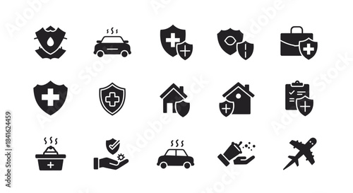 Collection of fifteen black insurance and protection related icons arranged in three rows
