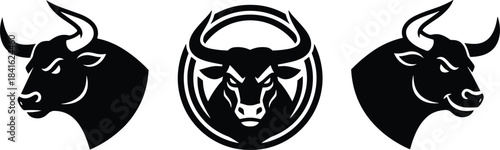 A powerful, dynamic, and stylized collection of three fierce bull and ox head silhouettes, embodying strength, aggression, and the spirit of a professional sports mascot or zodiac sign.