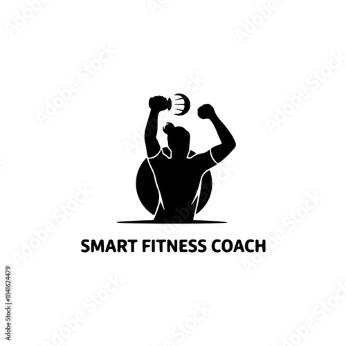 Silhouette logo for a smart fitness coach depicting a person holding a dumbbell in a triumphant pose isolated on transparent background