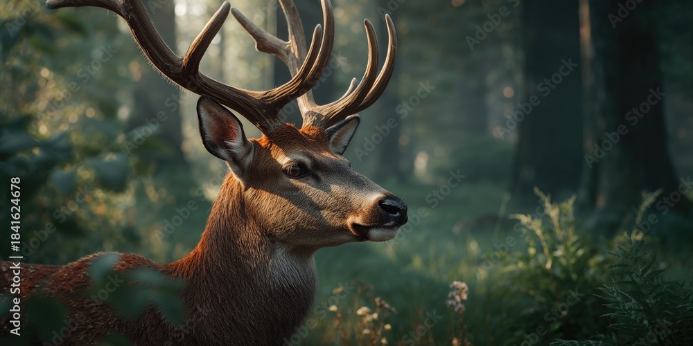 Fototapeta premium Deer in a woodland environment captured in detail, suitable for nature conservation themes, World Wildlife Day